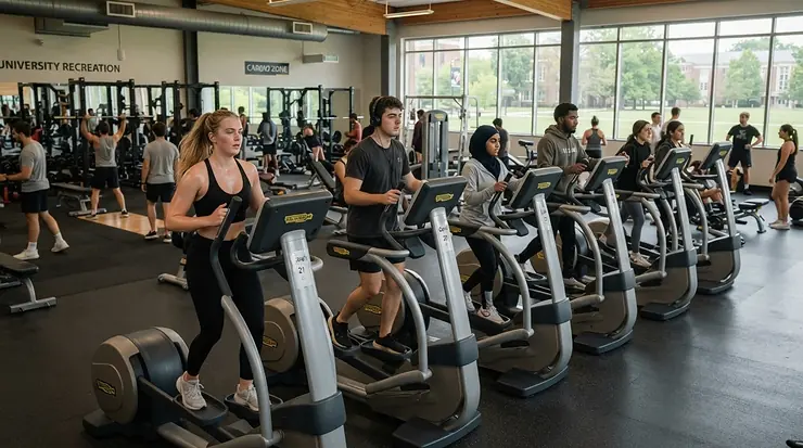 Multiple students sharing a heavy use elliptical for college dorm gym area during peak hours.