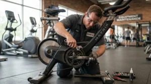 Technician inspecting a heavy use elliptical for college dorm gym to ensure long-term reliability.