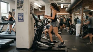 Compact heavy use elliptical for college dorm gym fitting neatly into a shared fitness space.