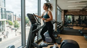 Student exercising on a heavy use elliptical for college dorm gym during a morning routine.