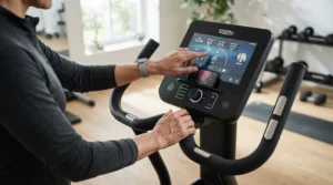 Adjusting the electronic incline settings on a heavy duty gym quality elliptical for home use.