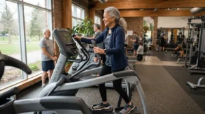 Senior resident utilizing a low-impact commercial elliptical for apartment complex gym
