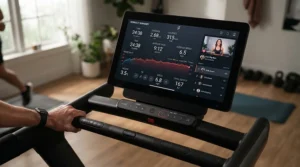 Close-up view of the digital display on a commercial elliptical for apartment complex gym