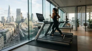 A sleek, modern elliptical machine featured in an upscale corporate wellness room.