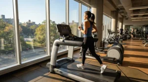 Morning exercise routine on an ergonomic elliptical trainer in a spacious hotel fitness center