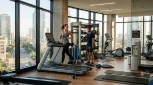 Busy community fitness center featuring a commercial elliptical for apartment complex gym