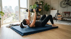 A sound-dampening rubber mat for heavy exercise equipment reducing vibrations from a heavy kettlebell workout in an apartment.