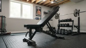 A durable rubber mat for heavy exercise equipment protecting the subfloor beneath a loaded weight bench in a basement workout space.