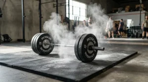 A shock-absorbing rubber mat for heavy exercise equipment cushioning a dropped barbell loaded with bumper plates.