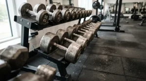 A sturdy rubber mat for heavy exercise equipment placed under a multi-tier dumbbell rack to prevent floor damage.