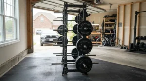 A thick rubber mat for heavy exercise equipment installed under a heavy-duty barbell rack in a home garage gym setup.