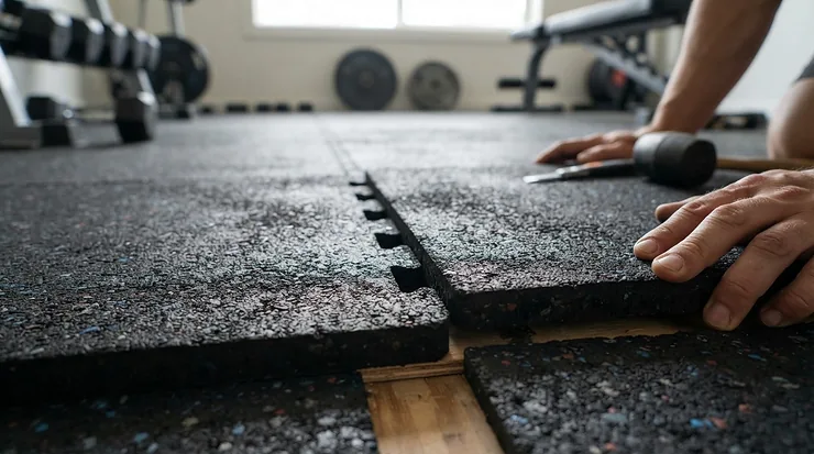 Interlocking rubber mat for heavy exercise equipment interlocking seamlessly to cover a large floor area for weight training.