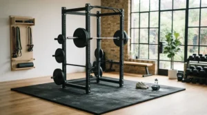 A high-impact rubber mat for heavy exercise equipment supporting a full power cage and weight plates.