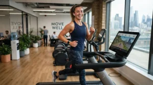 A team member staying active on an elliptical in the corporate wellness room.