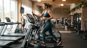A woman exercising on a sturdy gym quality elliptical for home use while watching a workout program on a tablet.