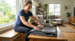 Demonstrating the dust cover price range with an affordable dust cover for home gym equipment on a cardio machine.