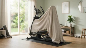Lightweight polyester covers functioning as an affordable dust cover for home gym equipment on an elliptical trainer.