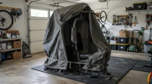 A budget fitness equipment cover draped over a complex multi-station weight machine in a garage gym.