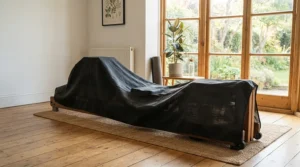 A cheap dust cover for home gym equipment protecting a wooden rowing machine in a spare bedroom.