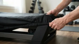 An affordable dust cover for home gym equipment being tucked securely around the base of a folded fitness machine.