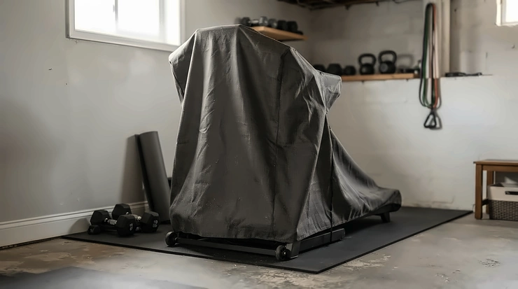 An affordable dust cover for home gym equipment fitted neatly over a folding treadmill in a suburban basement.