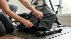 Snug-fitting cover for elliptical machine in garage gym featuring elastic hem cords
