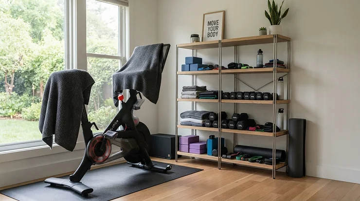 Clean cover for elliptical machine in garage gym showcased during a seasonal space organization
