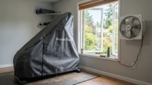 Breathable cover for elliptical machine in garage gym paired with an oscillating floor fan