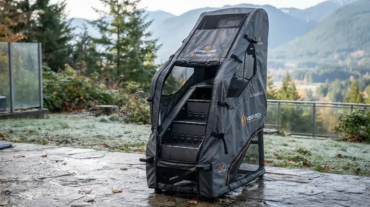 Anti-condensation cover for exercise equipment during winter storage keeping a climber machine dry in winter.