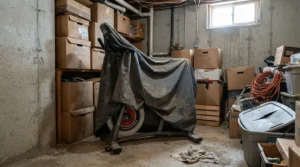 Durable cover for exercise equipment during winter storage keeping dust and cold off a stationary bike in a basement.