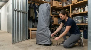 Secure-fit cover for exercise equipment during winter storage used for long-term off-season fitness gear protection.