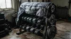 Breathable cover for exercise equipment during winter storage preventing condensation buildup on steel weights.