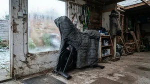 Thermal cover for exercise equipment during winter storage protecting a spinning bike against drastic garage temperature shifts.