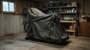A secure cover for exercise equipment during winter storage fitted over a treadmill in an unheated suburban garage.