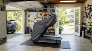 A garage gym setup showcasing the clean aesthetic of a custom fit cover vs universal elliptical cover.