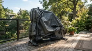 Weatherproof protection shown on a patio during a custom fit cover vs universal elliptical cover durability test.