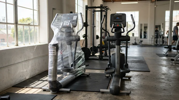 A side-by-side comparison illustrating a custom fit cover vs universal elliptical cover on fitness equipment in a bright home gym.