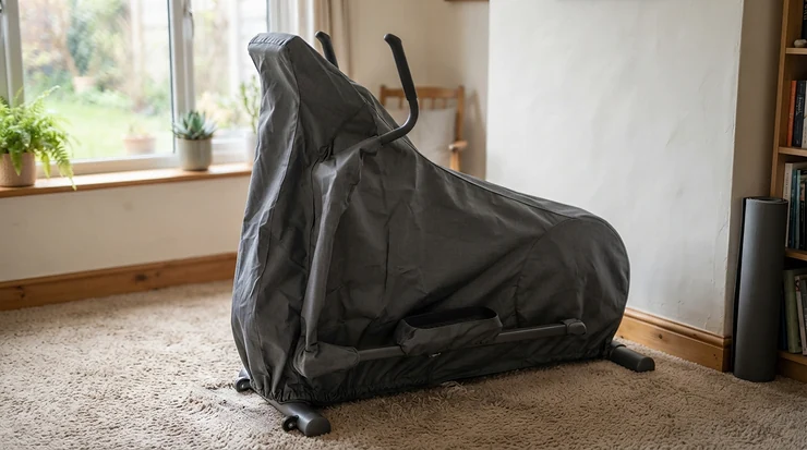 A secure dust cover for elliptical machine indoors safeguarding home gym equipment from dust mites and pet hair.