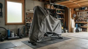 A heavy-duty dust cover for elliptical machine indoors protecting gear from garage dust and debris.