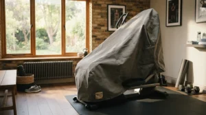 A protective dust cover for elliptical machine indoors set up inside a sunny American home gym.