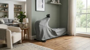 An indoor elliptical dust cover neatly fitted over a piece of fitness gear in a modern living space.