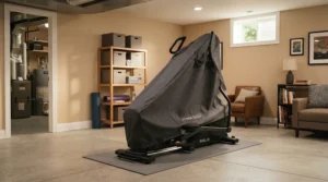 A durable dust cover for elliptical machine indoors keeping equipment clean in a basement storage room gym.