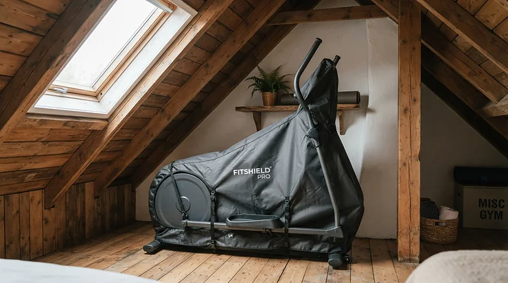 A heavy-duty fitted cover for exercise bike storage safeguarding equipment in an attic storage space.