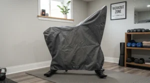 A durable fitted cover for exercise bike storage keeping a workout bike clean in a finished basement.