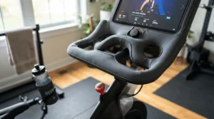 A custom fitted cover for exercise bike storage conforming tightly to the handlebars and console.