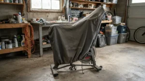 A protective fitted cover for exercise bike storage shielding a spin cycle from dust in an American garage.