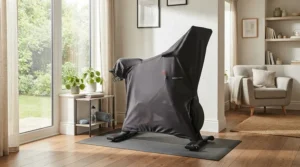 A neat fitted cover for exercise bike storage placed over a stationary cycle in a modern living room.