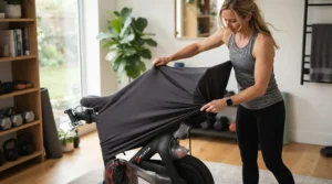 A person applying a fitted cover for exercise bike storage for long-term seasonal indoor protection.