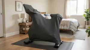 A sleek fitted cover for exercise bike storage blending into a tidy guest bedroom decor.