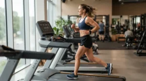 An iPad holder for treadmill workouts positioned to minimize harsh overhead lighting and screen glare.